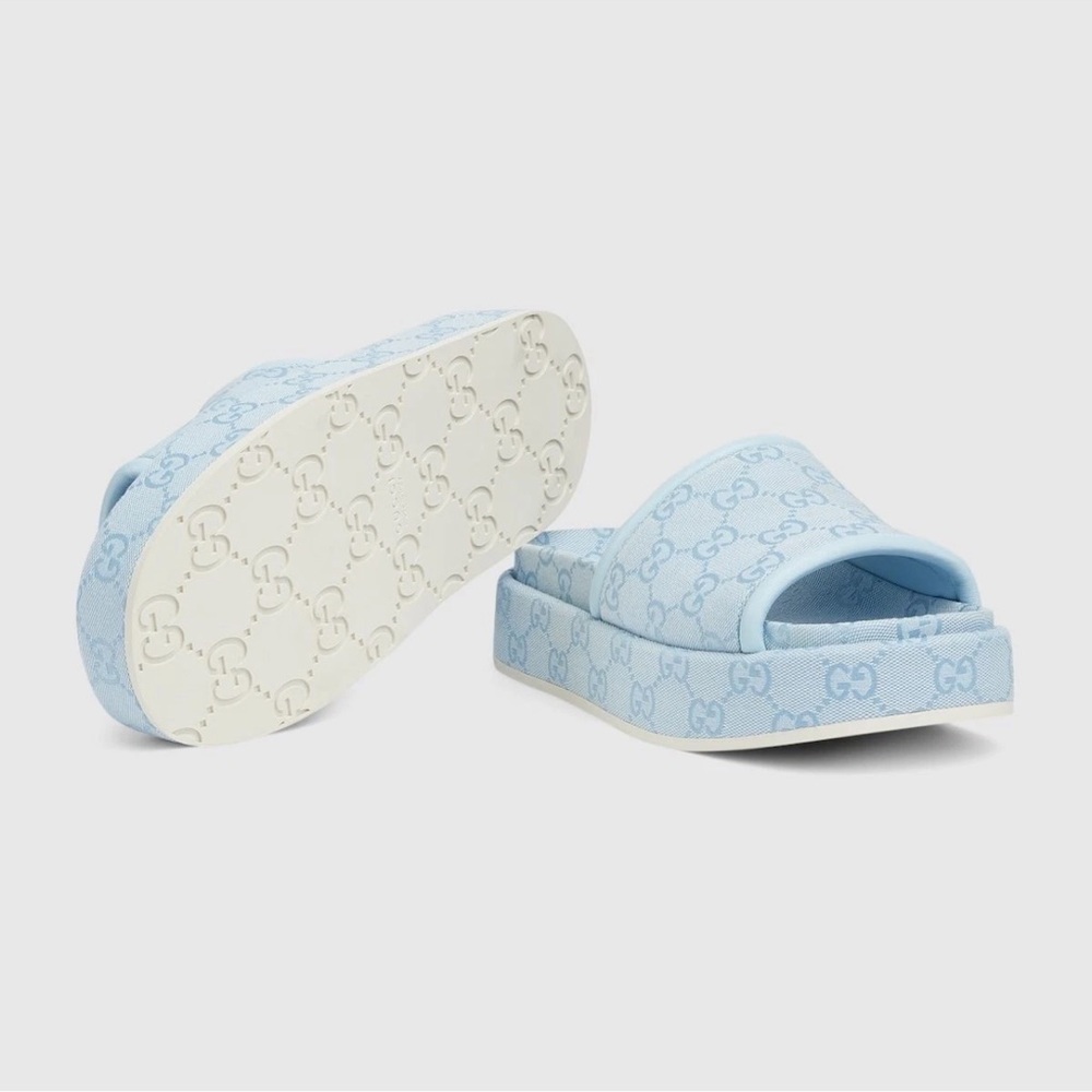 Gucci Light Blue GG Monogram Logo Canvas Mule Flat Slide Platform Sandal 39 - Picture 7 of 16